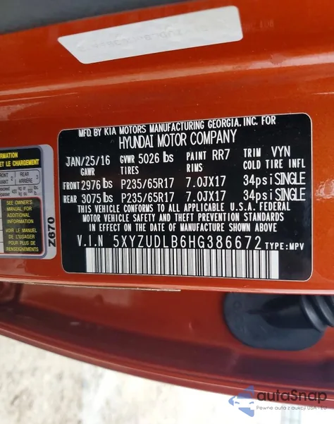 2017 Hyundai Santa Fe Sport from USA, damaged, VIN 5XYZUDLB6HG386672